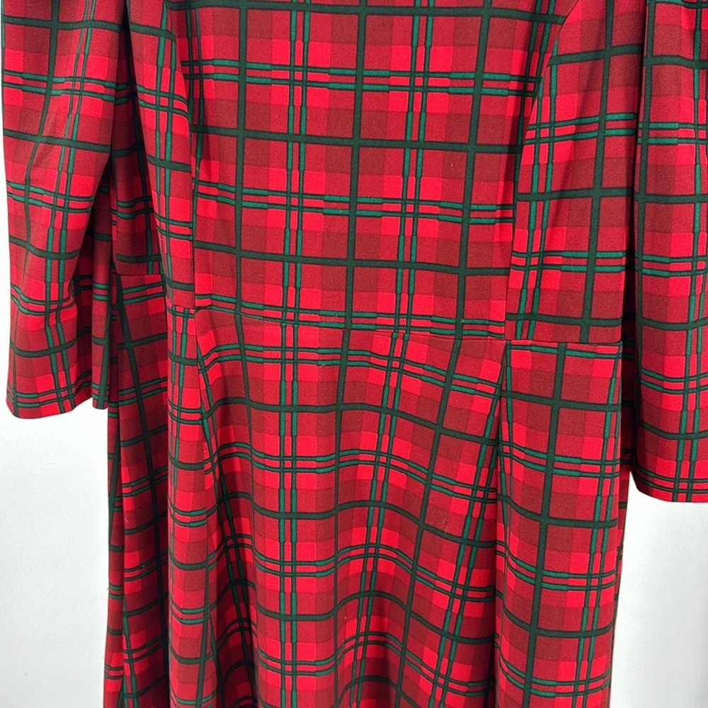 Calvin Klein Red and Green Plaid Midi Dress 3/4 sleeve puff shoulder holiday 16 - Picture 7 of 12